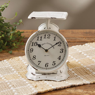 Distressed White Metal Weight Scale Table Clock Park Designs - The Fox Decor